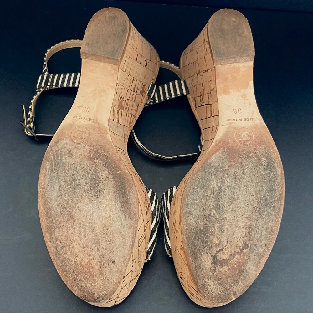 CHANEL Vintage Authentic Striped Fabric Platform Wedge Sandals w/ Cork Sole - Picture 15 of 15